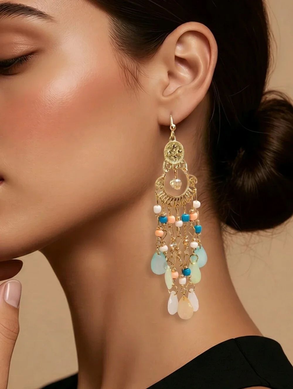 TurquoiseāPeach Chandelier Earrings Coastal Boho Waterfall Glam Resort Chic